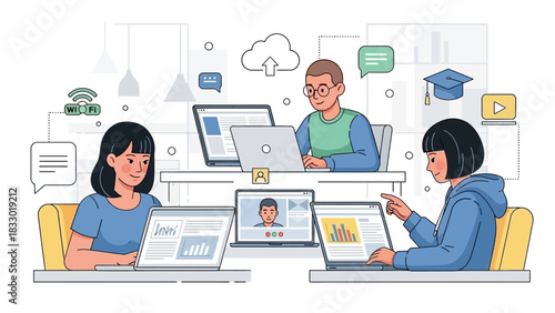 Three people using laptops for online learning, remote work, and virtual collaboration with digital icons.