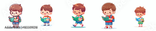 vector of a little male student standing reading a book
