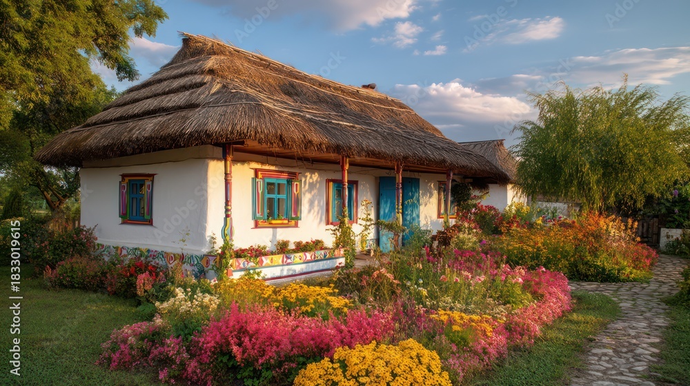Fototapeta premium Picturesque Ukrainian countryside cottage whitewashed walls straw roof and colorful window trim Surrounded by flower gardens under soft