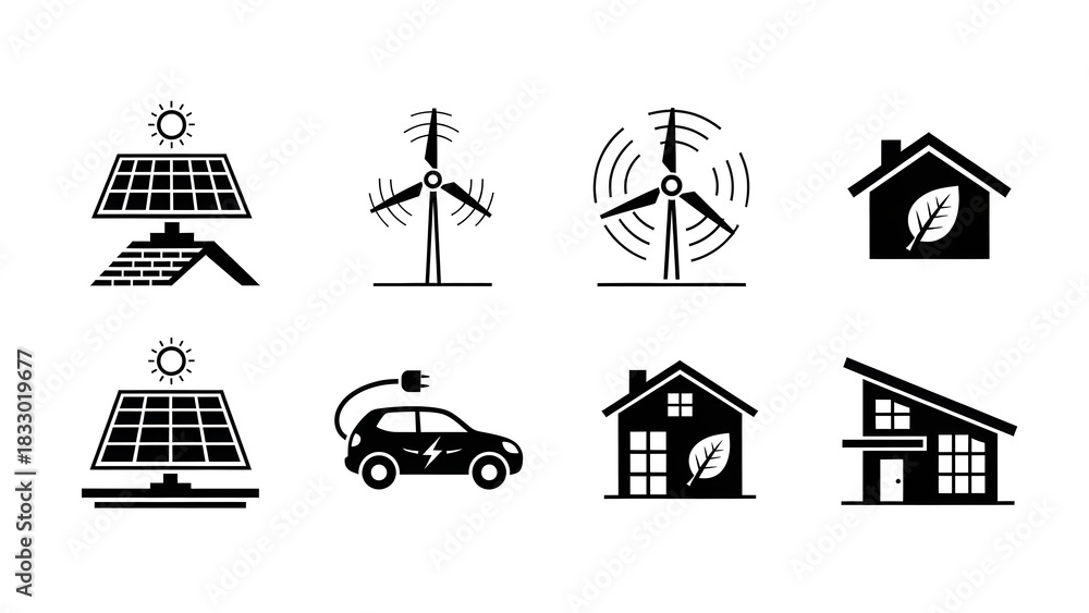 Obraz premium Modern renewable energy icons for sustainable living and environmental protection