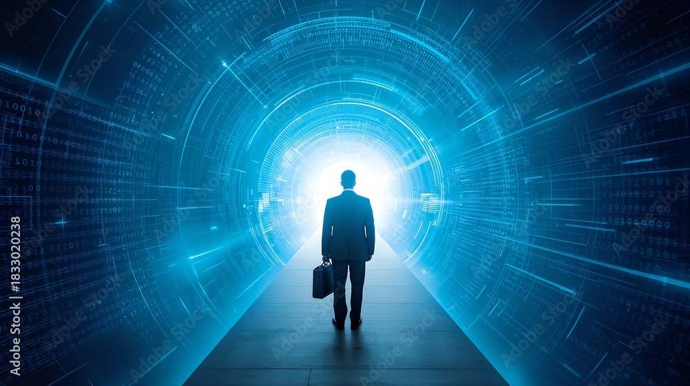 Obraz premium a lone figure of businessman walking toward a bright light at the end of a tunnel