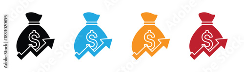 Colorful money bag icons with rising graph shows profit. Profit Icon Set Multiple Style Collection. Money Bag with Arrow Trending Up Icon for Financial Growth.