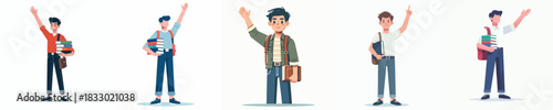 vector of male student carrying book waving hand