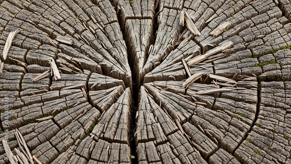 Fototapeta premium Aged Wood Tree Stump Cross Section with Deep Cracks and Grain texture