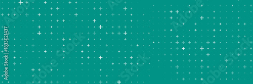 Seamless background pattern of evenly spaced white plus symbols of different sizes and opacity. Vector illustration on teal background with stars