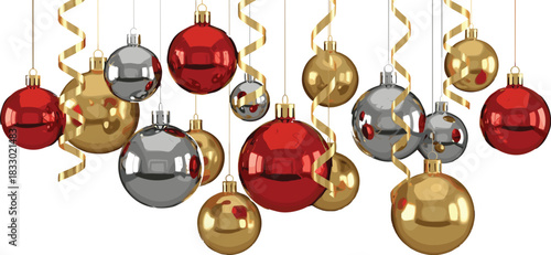 Hanging Christmas Ornaments with Red, Gold, and Silver Baubles and Curly Ribbons on White Background for Holiday Celebration Decor