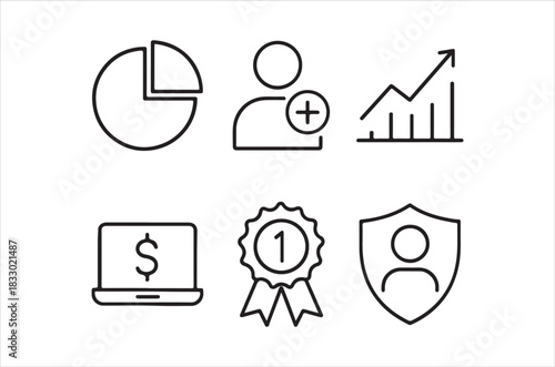 Business icons set including charts people laptop and security symbols