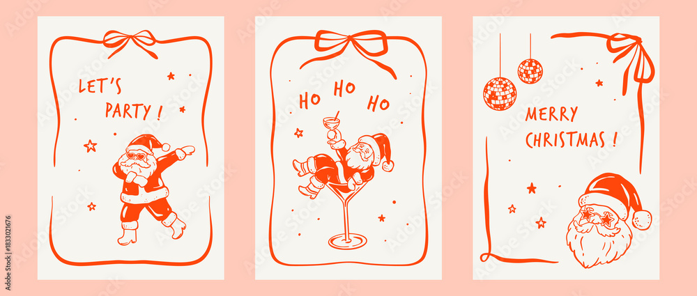 Fototapeta premium Merry Christmas and Happy New Year coquette whimsical greeting cards, posters, designs with quirky funky Santa in cocktail glass, dancing in disco bachelorette party. Bow ribbon rectangle frames
