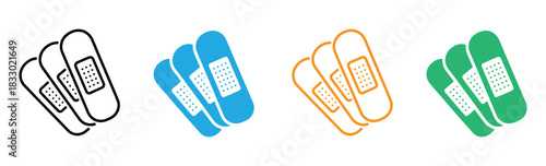 Colorful bandages offer first aid and healing solutions. Medical Patch, First Emergency Plaster Solid Flat Vector Icon Isolated on White Background. 