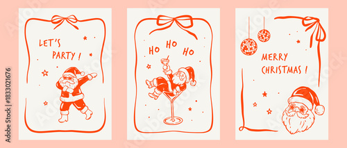 Merry Christmas and Happy New Year coquette whimsical greeting cards, posters, designs with quirky funky Santa in cocktail glass, dancing in disco bachelorette party. Bow ribbon rectangle frames
