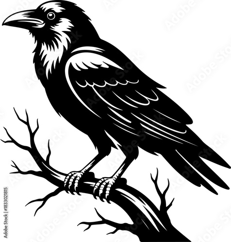 A raven sitting on a bare tree branch silhouette vector illustration
