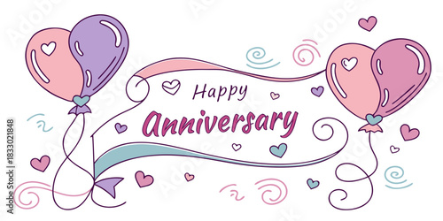 Romantic anniversary celebration banner with heart balloons 