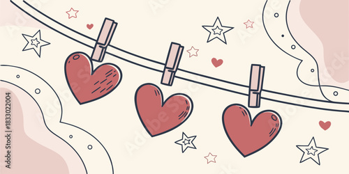 Hearts hanging on a line, Valentine's Day or love concept illustration