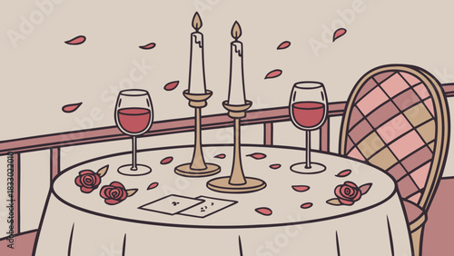 Romantic dinner setting with candle and roses