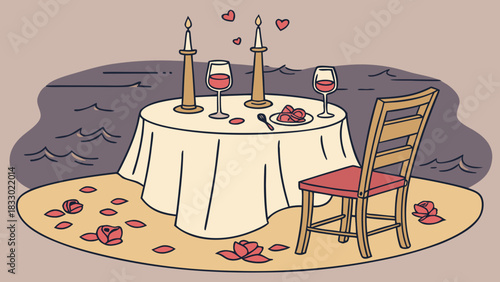 Romantic dinner table setting by the sea with wine, candles and rose petals