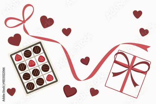 Valentine's Day concept featuring chocolates, ribbon, gift, hearts, love, romance.