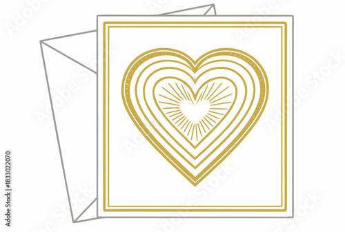 Golden heart design on greeting card, with envelope