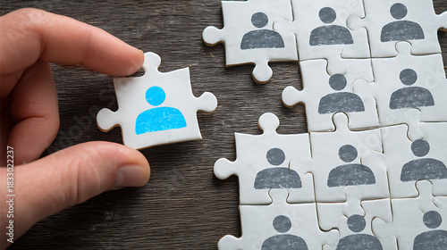 Human hand placing blue person puzzle piece into assembled group jigsaw