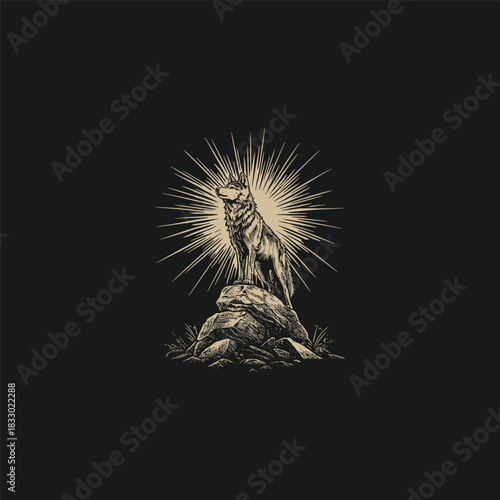 A proud and majestic wolf standing on a rocky mountain or hill, featuring a dramatic sunburst or light ray effect in the background. Hand-drawn vintage engraving vector illustration