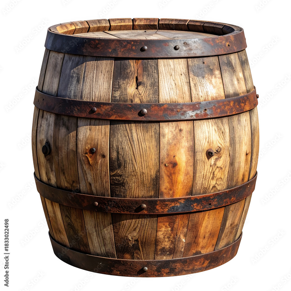 Fototapeta premium Single old rustic wooden barrel with rusty hoops