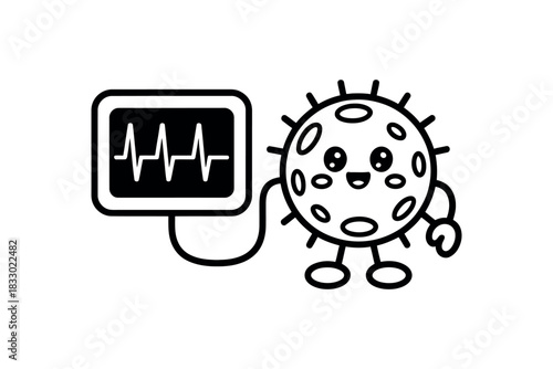 Cartoon virus connected to heart monitor displaying heartbeat in black and white