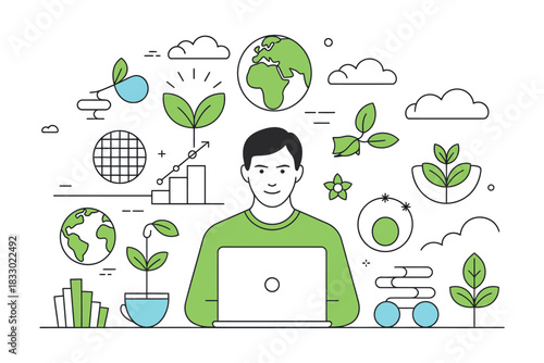Illustration of a man with laptop surrounded by environmental icons and graphs