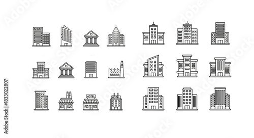 Collection of diverse architectural building icons representing various structures, perfect for design projects and city planning