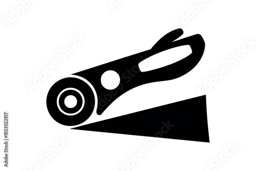 A black and white graphic of a rotary cutter with a triangular guide