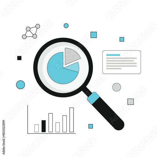 Magnifying glass over pie chart and data analysis elements