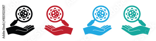 Modern virus research and discovery icons black red blue. Hygiene icon set. illustration of a hand being examined with a magnifying glass to find viruses, bacteria or germs. 