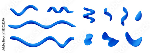 Set of blue 3d abstract confetti chaotic geometric shapes. Wavy and spiral forms for design element, infographic, poster, banner, presentation, web, motion graphics. Vector illustration