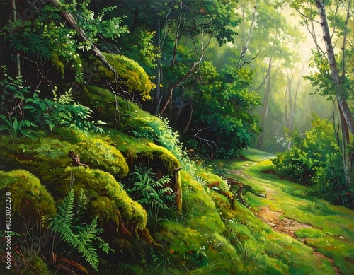 Lush green forest scene with mossy rocks and sunlight filtering through trees