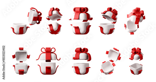 White realistic 3d gift box with red ribbon and bow in different opened and closed positions. Holiday present for celebration, Christmas, New Year. Vector illustration