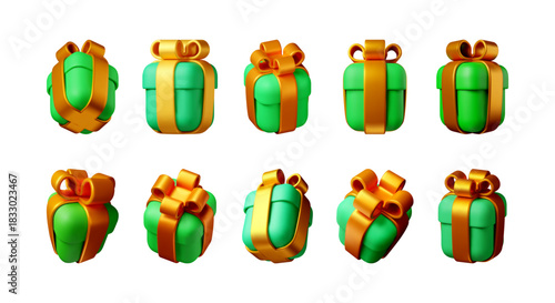 Collection of 3d rendered green gift box with golden ribbon on white background. Holiday present for Christmas, New Year, birthday, special event concept. Vector illustration