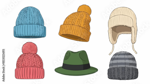 Collection of diverse winter hats and a stylish fedora hat, showcasing various designs and colors for fashion accessories concept and seasonal apparel
