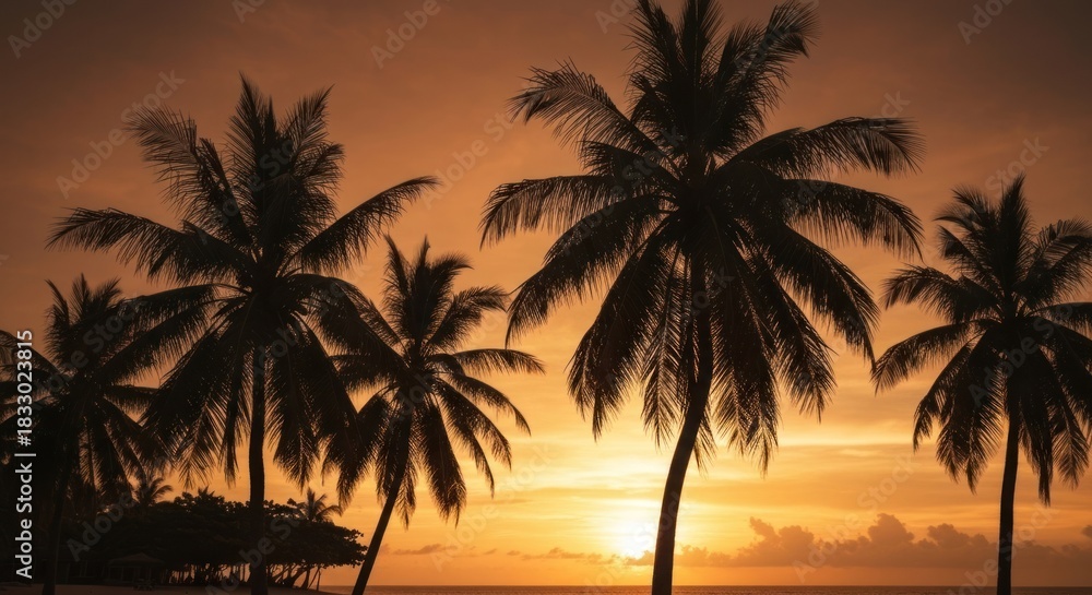Obraz premium Silhouette palm trees at golden sunset over ocean