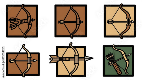 A Collection of Six Distinct Bow and Arrow Icons Representing Archery and Combat