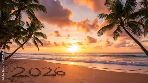 Fototapeta Naklejka Na Ścianę i Meble -  Tropical beach sunset with 2026 written in sand for new year