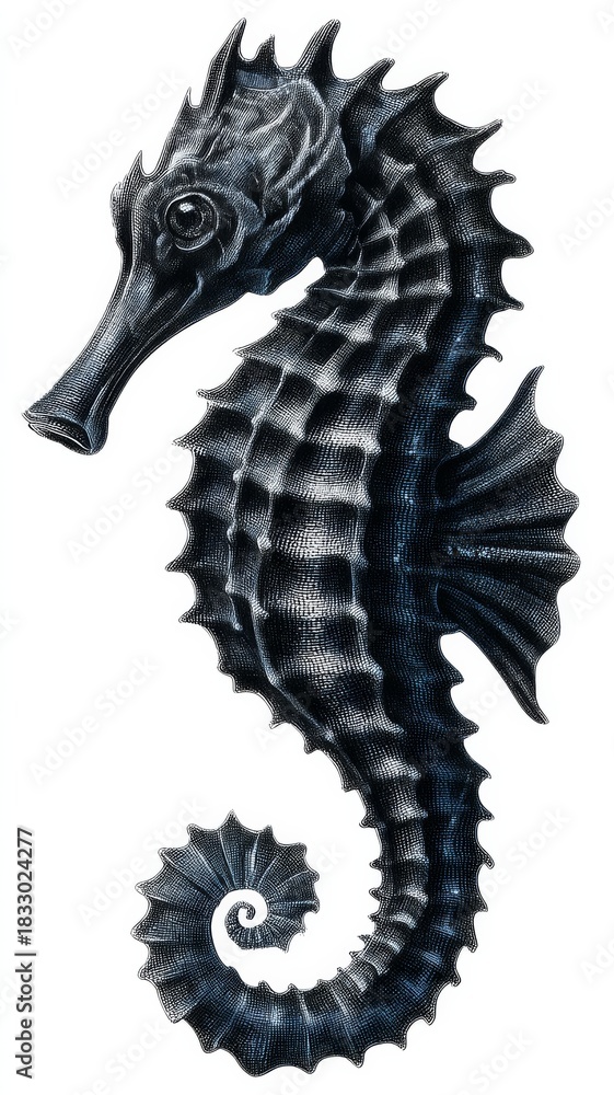 Fototapeta premium Intricate tattoo mockup design featuring a detailed seahorse illustration in a dark tone