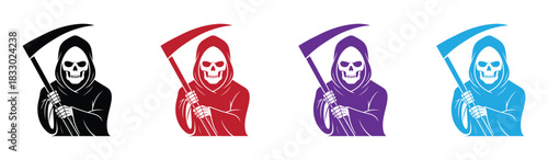 Grim reaper or death with hood and skull wielding a scythe flat simple icon .  Grim reapers in different colors on white background vector.