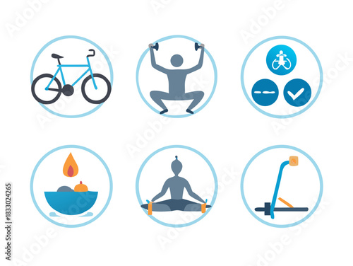 Healthy lifestyle icons representing exercise and wellness activities