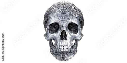 Detailed tattoo mockup design featuring a skull in intricate black shading with a minimalist aesthetic