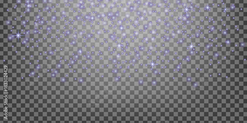 Purple glowing particles float on a transparent background. A magical festive overlay for dreamy designs.