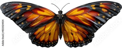 Colorful stained glass style monarch butterfly with vibrant orange and black wings against a white background