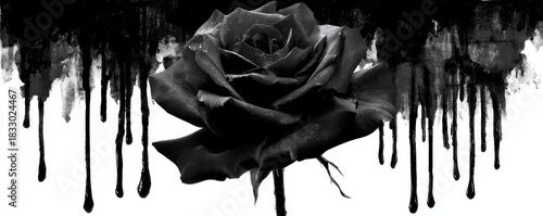 Detailed tattoo mockup design featuring a black rose with dripping ink, showcasing intricate shading and texture