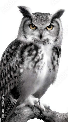 Detailed tattoo mockup design featuring a majestic owl with piercing eyes, showcasing intricate feather patterns