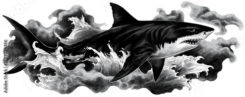 Tattoo mockup design featuring a detailed illustration of a shark swimming through stylized waves