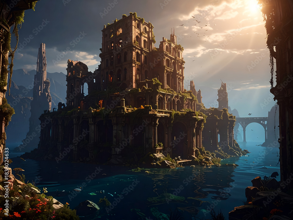 Fototapeta premium 水没した文明の遺跡と未来都市の廃墟風景