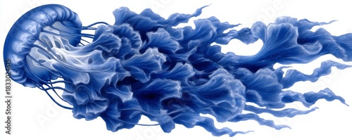 A vibrant blue jellyfish gracefully swimming through a turbulent underwater scene, surrounded by swirling water currents