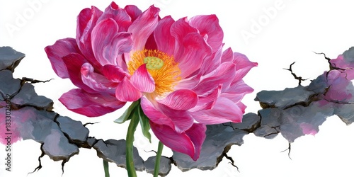 Illustration of a vibrant pink lotus flower with delicate petals and a prominent yellow center, surrounded by elegant watercolor splashes